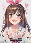  :d a.i._channel arm_warmers bangs black_ribbon blush bow brown_hair close-up collarbone commentary_request eyebrows_visible_through_hair grey_background hair_bow hairband heart heart_hands kizuna_ai lace-trimmed_sleeves long_hair looking_at_viewer multicolored_hair open_mouth own_hands_together pink_bow pink_hair ribbon sailor_collar sidelocks simple_background smile solo streaked_hair striped striped_ribbon teeth torakun14 upper_body virtual_youtuber 