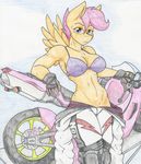  2016 absurd_res anthro anthrofied bra breasts cleavage clothed clothing equine female flicker-show friendship_is_magic gloves hair hi_res looking_at_viewer mammal motorcycle my_little_pony nos overalls pegasus pose purple_hair scootaloo_(mlp) solo sweat underwear vehicle wings 