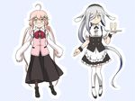  ahoge alternate_costume asashimo_(kantai_collection) brown_eyes commentary_request cosplay enmaided fleur_de_lapin_uniform futatsuki_hisame glasses gochuumon_wa_usagi_desu_ka? hair_ornament hair_over_one_eye hairclip hoto_cocoa hoto_cocoa_(cosplay) kantai_collection kirima_sharo kirima_sharo_(cosplay) long_hair looking_at_viewer low_twintails maid maid_headdress makigumo_(kantai_collection) mary_janes multiple_girls pantyhose pink_hair polka_dot polka_dot_background ponytail rabbit_house_uniform shoes silver_hair sleeves_past_wrists smile thighhighs twintails white_legwear yellow_eyes zettai_ryouiki 