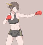  black_eyes boxing_gloves boxing_shorts brown_background brown_hair grin groin gym_shorts hiei_(kantai_collection) highres intirami kantai_collection legs navel outstretched_arm short_hair shorts simple_background smile solo sports_bra sweat 