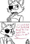 2015 animatronic anthro avian bird canine chica_(fnaf) chicken comic corndog dialogue duo english_text eye_patch eyewear female five_nights_at_freddy&#039;s food fox foxy_(fnaf) holding_food holding_object inkyfrog looking_at_viewer machine male mammal open_mouth restricted_palette robot sharp_teeth simple_background solo_focus sweat sweatdrop talking_to_viewer teeth text video_games white_background 