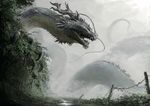  dragon eastern_dragon fog giant highres horns nature no_humans open_mouth original outdoors overgrown plant red_eyes scales snout solo spikes tail teru_sakura 