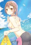  ass bad_id bad_pixiv_id blue_sky blush breasts brown_hair closed_mouth cloud cloudy_sky commentary_request day dutch_angle flippers from_behind hair_between_eyes hair_ornament hairclip halter_top halterneck highres horizon long_hair looking_at_viewer looking_back medium_breasts moe2017 ocean original outdoors partially_undressed shoulder_blades side_ponytail sideboob sidelocks sky smile solo ueno_tomo water_drop wetsuit white_bikini_top yellow_eyes 