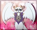  absord_res anthro areola blue_eyes blush breasts collar dragon fur hair hi_res nipples patreon presenting short_hair shy standing vrabo white_fur wings 