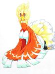  025aki avian beak bird breasts feathered_wings feathers female hair ho-oh legendary_pok&eacute;mon looking_at_viewer nintendo pok&eacute;mon red_eyes solo video_games wings 