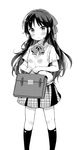  blush bow greyscale hair_bow half_updo idolmaster idolmaster_cinderella_girls long_hair looking_at_viewer monochrome plaid plaid_skirt school_briefcase school_uniform short_sleeves simple_background sketch skirt solo sweater_vest tachibana_arisu white_background yazawa_oke 