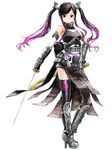  armor armored_boots bare_shoulders black_footwear black_hair black_legwear boots breasts detached_sleeves floating_hair full_body gauntlets hair_ornament hand_on_hip high_heel_boots high_heels highres holding holding_sword holding_weapon katana knee_boots long_hair medium_breasts multicolored_hair pink_hair purple_eyes sheath shirohime_quest simple_background solo standing sword thighhighs two-tone_hair unsheathed weapon white_background 
