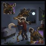  african_wild_dog anthro canine clothed clothing duo hug human male mammal post_transformation silverclaw1 smile topless torn_clothing transformation were yellow_eyes young 