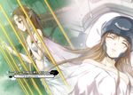  abec asuna_(sao) bracelet breasts brown_eyes brown_hair character_name cherry_blossoms choker closed_eyes collarbone from_side highres jewelry long_hair naked_sheet nervegear novel_illustration official_art parted_lips pillow pointy_ears small_breasts standing sword_art_online titania_(sao) tree 