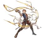  alpha_transparency armor armored_boots attack boots brown_hair cape cravat full_body gloves granblue_fantasy male_focus minaba_hideo official_art open_mouth paris_(granblue_fantasy) sideburns solo sword transparent_background weapon white_gloves 
