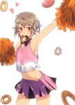  armpits bad_id bad_pixiv_id blush brown_hair cheerleader cowboy_shot doughnut food hair_ornament hairclip heart highres male_focus masamune-kun_no_revenge midriff miniskirt mouth_hold navel nero2 otoko_no_ko pink_eyes pleated_skirt pom_poms short_hair shuri_kojuurou skirt solo tank_top 