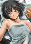  amagami bed_sheet black_hair blush bob_cut commentary covering from_above holding_hands looking_at_viewer lying murasaki_iro nanasaki_ai nude_cover on_back on_bed out_of_frame parted_lips pov pov_hands short_hair solo_focus tan tanline 