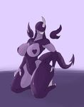  2017 alien alien_(franchise) anthro areola armpits big_breasts breasts clawed_toes claws female heart_nipples horn kneeling nipples non-mammal_breasts not_furry nude simple_background smile solo spade_tail wings xenomorph 