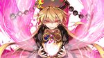  black_dress blonde_hair chima_q chinese_clothes commentary dress energy hat headdress highres junko_(touhou) long_hair long_sleeves red_eyes sash solo tabard touhou very_long_hair wide_sleeves 