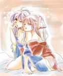  alternate_costume bangs bed behind_another blue_hair blush bow breasts cleavage closed_eyes couple fingernails fujiwara_no_mokou hair_bow highres hug hug_from_behind kamishirasawa_keine komaku_juushoku lavender_hair long_hair long_sleeves multicolored_hair multiple_girls off_shoulder one_eye_closed open_mouth pillow pink_background robe sidelocks small_breasts tearing_up tears thighs toes touhou two-tone_hair very_long_hair waking_up white_hair wide_sleeves wiping_tears yuri 