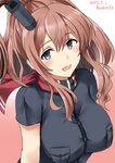 artist_name black_dress blue_eyes breast_pocket brown_hair commentary_request dated dress highres kamelie kantai_collection long_hair looking_at_viewer open_mouth pocket ponytail red_neckwear remodel_(kantai_collection) saratoga_(kantai_collection) side_ponytail solo 