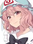  asa_(coco) blue_dress dress eyebrows_visible_through_hair hat japanese_clothes light_smile looking_at_viewer mob_cap pink_eyes pink_hair portrait saigyouji_yuyuko short_hair solo touhou triangular_headpiece wavy_hair 