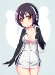  artist_name black_hair blueberry_(5959) blush breasts chestnut_mouth collar commentary_request eyebrows_visible_through_hair hair_between_eyes headphones highres hood hoodie humboldt_penguin_(kemono_friends) jacket kemono_friends long_sleeves looking_at_viewer medium_breasts multicolored_hair naked_hoodie no_bra no_panties open_clothes open_mouth short_hair solo two-tone_hair yellow_eyes zipper 