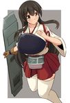  akagi_(kantai_collection) blush breasts brown_eyes brown_hair commentary_request flight_deck gloves hakama_skirt japanese_clothes kantai_collection large_breasts long_hair looking_at_viewer muneate naruse_mai partly_fingerless_gloves smile solo straight_hair tasuki thighhighs 