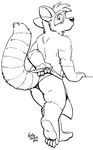  aiko_(itna) anthro black_and_white blush butt clothing in_the_new_age line_art loincloth looking_at_viewer looking_back male mammal monochrome plantigrade raccoon rick_griffin signature solo standing 