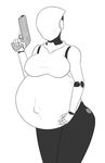  belly big_belly big_breasts breasts female gun hand_on_stomach haydee machine navel pregnant ranged_weapon robot simple_background solo unknown_artist weapon 