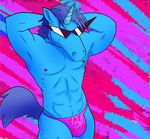  abs abstract_background anthro blue_fur clothed clothing equine eyewear fur hands_behind_head horn humor jeph_jacques mammal nipples speedo sunglasses swimsuit topless unicorn 