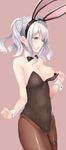  animal_ears blue_eyes breasts bunny_ears bunny_girl bunnysuit covered_navel cowboy_shot detached_collar fake_animal_ears hairband highres inushi kantai_collection kashima_(kantai_collection) large_breasts leotard long_hair nipples pantyhose profile silver_hair simple_background solo tsurime twintails wavy_hair wrist_cuffs 
