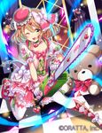  ;d brown_hair chainsaw chaos_blade_(oratta) gloves green_eyes hat official_art one_eye_closed open_mouth shina_shina short_hair smile solo stuffed_animal stuffed_toy teddy_bear thighhighs 