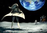  1girl ass astronaut earth flashing gloves helmet high_heels highres long_hair moon naked_coat open_clothes original planet science_fiction silver_hair space space_craft spacesuit star_(sky) twinpoo 