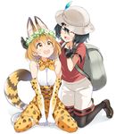  :d ^_^ animal_ears backpack bag between_legs black_gloves black_hair black_legwear blonde_hair brown_footwear closed_eyes elbow_gloves gloves hand_between_legs hat hat_feather head_wreath helmet high-waist_skirt kaban_(kemono_friends) kemono_friends kneeling looking_up mirai_denki multiple_girls open_mouth pantyhose pith_helmet putting_on_headwear serval_(kemono_friends) serval_ears serval_print serval_tail shoes short_hair shorts simple_background sitting skirt smile tail thighhighs wariza white_background white_footwear white_hat white_shorts yellow_eyes |d 