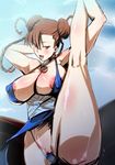  blush breasts brown_hair china_dress chinese_clothes chun-li cleavage double_bun dress huge_breasts leg_up nipples rickert_kai shiny shiny_skin spread_legs street_fighter sweat tongue tongue_out 