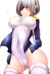  :/ absurdres ass_visible_through_thighs bad_proportions blindfold blush boruhis breasts cameltoe cosplay covered_navel covered_nipples cowboy_shot emperor_penguin_(kemono_friends) emperor_penguin_(kemono_friends)_(cosplay) flying_sweatdrops from_below hands_on_hips headphones highleg highleg_leotard highres jacket kemono_friends large_breasts leotard mole mole_under_mouth nier_(series) nier_automata nose_blush open_clothes open_jacket short_hair silver_hair simple_background solo taut_clothes taut_leotard thighhighs turtleneck white_background white_legwear white_leotard wide_hips yorha_no._2_type_b 
