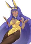  1girl animal_ears bare_shoulders blue_hair blush breasts bunny_suit choker cleavage dark_skin earrings fate/grand_order fate_(series) hair_ornament hair_tubes hairband necktie nitocris_(fate/grand_order) open_mouth pantyhose purple_eyes tattoo very_long_hair 