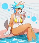  2018 absurd_res anthro bikini blue_hair breasts brown_fur butt canine chest_tuft clothing female fluffy fluffy_tail fur hair hi_res inner_ear_fluff looking_at_viewer mammal pawpads red_eyes sitting solo swimsuit tan_fur tongue tongue_out tuft v_sign water yamame513 