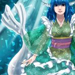  blue_eyes blue_hair breasts frilled_kimono frills green_kimono head_fins highres japanese_clothes juurouta_(pixiv3673286) kimono kimono_skirt long_sleeves medium_breasts mermaid monster_girl obi sash see-through_silhouette see-through_sleeves solo touhou wakasagihime wide_sleeves 