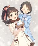  brown_eyes brown_hair closed_eyes coat fukuyama_mai hair_ornament hairclip hands_together highres holding idolmaster idolmaster_cinderella_girls long_hair mittens multiple_girls open_mouth ponytail ribbon sasaki_chie short_hair smile snow snow_bunny teiryoku_lolita upper_body 