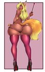  2017 ambiguous_gender anthro big_butt blonde_hair border brown_fur butt canine clothed clothing footwear fox fur hair high_heels huge_butt legwear looking_at_viewer looking_back mammal orange_fur rear_view shoes solo suelix thong tight_clothing topless whip white_border wide_hips 