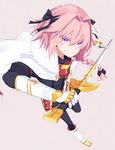  astolfo_(fate) black_legwear boots bow braid cape fang fate/apocrypha fate_(series) fur_trim gauntlets hair_bow highres male_focus otoko_no_ko pink_hair purple_eyes single_braid skirt smile sword tazaki_hayato weapon 