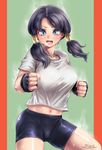  bike_shorts black_hair breath dragon_ball dragon_ball_z fighting_stance fingerless_gloves gloves low_twintails midriff navel sgk solo sweat twintails videl 