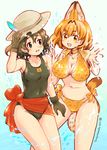  2girls adapted_costume animal_ears artist_name bikini black_eyes black_gloves black_hair black_swimsuit blonde_hair breasts competition_swimsuit dated elbow_gloves gloves hat helmet japari_symbol kaban_(kemono_friends) kemono_friends large_breasts multiple_girls navel one-piece_swimsuit pith_helmet print_bikini sarong serval_(kemono_friends) serval_ears serval_print serval_tail short_hair side-tie_bikini signature small_breasts splashing swimsuit tail torajimaneko water wavy_hair 