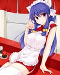  animal_ears apron bangs blue_eyes blue_hair cat_ears china_dress chinese_clothes closed_mouth cowboy_shot double_bun dress fake_animal_ears hair_bobbles hair_ornament headdress indoors long_hair looking_at_viewer minami_machi paw_pose ranma_1/2 red_dress shampoo_(ranma_1/2) short_dress side_slit sitting sleeveless sleeveless_dress smile solo thighhighs waitress white_legwear 