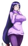  ^_^ ^o^ blush breasts closed_eyes cowboy_shot denim facing_viewer fate/grand_order fate_(series) hand_on_own_cheek huge_breasts jeans long_hair low-tied_long_hair minamoto_no_raikou_(fate/grand_order) open_mouth pale_skin pants purple_hair ribbed_sweater simple_background smile solo standing sweater turtleneck turtleneck_sweater very_long_hair white_background yoroi_kabuto 