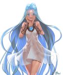  ahoge bare_shoulders blue_eyes blue_hair blush breasts bridal_gauntlets covered_navel granblue_fantasy hands_on_own_cheeks hands_on_own_face hips long_hair lyria_(granblue_fantasy) navel no_bra no_panties obui open_mouth pussy see-through small_breasts smile solo thigh_gap thighlet thighs very_long_hair yandere_trance 