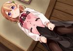  bangs black_legwear black_skirt blush bow bowtie breasts buttons collared_shirt commentary_request cowboy_shot dutch_angle eyebrows_visible_through_hair from_below gochuumon_wa_usagi_desu_ka? hair_between_eyes hair_ornament hairclip highres hoto_cocoa indoors lifted_by_self long_sleeves looking_at_viewer mousou_(mousou_temporary) orange_hair pantyhose parted_lips pink_vest purple_eyes rabbit_house_uniform red_bow red_neckwear shirt short_hair skirt skirt_lift small_breasts solo standing teeth thighband_pantyhose vest white_shirt wood wooden_wall 