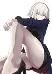  ahoge bare_legs black_dress blonde_hair casual coat dress fate/grand_order fate_(series) fur_trim grin high_heels highres jeanne_d'arc_(alter)_(fate) jeanne_d'arc_(fate)_(all) kesoshirou knees_up legs short_dress short_hair sitting smile solo thighs wicked_dragon_witch_ver._shinjuku_1999 yellow_eyes 
