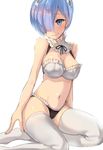  adapted_costume arm_support bare_arms black_panties blue_eyes blue_hair bra detached_collar feet_out_of_frame frills groin hair_ornament hair_over_one_eye hair_ribbon looking_at_viewer maid_bikini navel panties re:zero_kara_hajimeru_isekai_seikatsu red_ribbon rem_(re:zero) ribbon satou_daiji short_hair sitting smile solo stomach thighhighs thighs underwear underwear_only white_bra white_legwear x_hair_ornament 