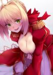  :d ahoge bangs blonde_hair blush breasts cleavage dress epaulettes fate/extra fate_(series) green_eyes hair_intakes juliet_sleeves large_breasts long_sleeves looking_at_viewer nero_claudius_(fate) nero_claudius_(fate)_(all) open_mouth puffy_sleeves red_dress short_hair smile solo v-shaped_eyebrows wide_sleeves yude 