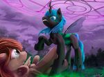  1deathpony1 blue_eyes blue_hair brown_hair changeling detailed_background duo equine fan_character female feral hair hooves insect_wings mammal my_little_pony pegasus smile standing tears wings 