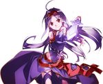  abec ahoge covered_navel cowboy_shot dress elbow_gloves fingerless_gloves floating_hair gloves headband holding holding_sword holding_weapon long_hair looking_at_viewer purple_dress purple_gloves purple_hair red_eyes smile solo sword sword_art_online weapon yuuki_(sao) 