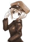  adjusting_clothes adjusting_hat bangs closed_mouth erica_hartmann from_side greyscale hat jacket light_smile long_sleeves looking_at_viewer looking_back military military_hat military_uniform monochrome peaked_cap shiromitsu_suzaku short_hair solo standing strike_witches uniform upper_body world_witches_series 
